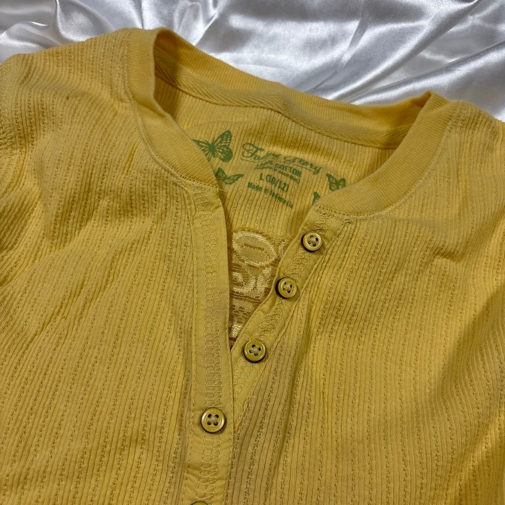 y2k Faded Glory Henley Top Yellow Ribbed Knit Cotton Short Sleeve L - Picture 3 of 3